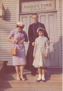 Father Cyril Kennedy, C.PP.S., with Mrs. Elizabeth Davenport (left) and her daughter, Elizabeth Joy Davenport, late 1950s.
